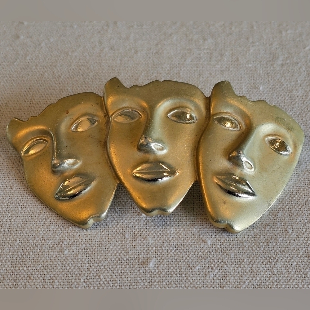 Vtg Goldtone Three Faces Pin Brooch